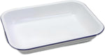 Falcon Enamel Oblong Pie Dish Bakepan - Traditional White Baking Tray with Blue Rim  28cm - 34cm Perfect for Pies, Puddings & Roasting