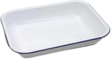Falcon Enamel Oblong Pie Dish Bakepan - Traditional White Baking Tray with Blue Rim  28cm - 34cm Perfect for Pies, Puddings & Roasting