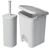 Plastic Lace Effect Bathroom Clean Toilet Brush Holder & 5L Pedal Bin White Grey