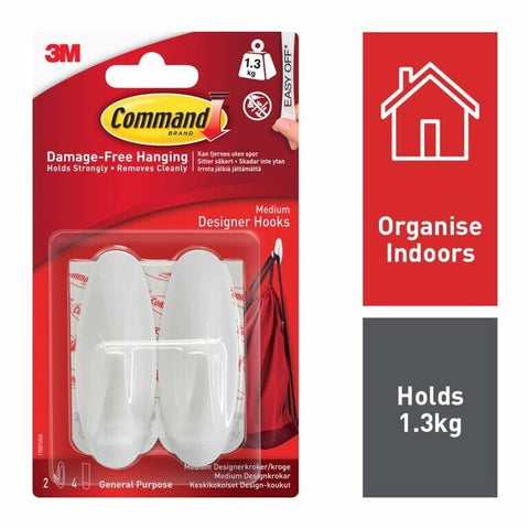 Command™ Medium Designer Hooks 2 Hooks, 4 Medium Strips Self Adhesive White