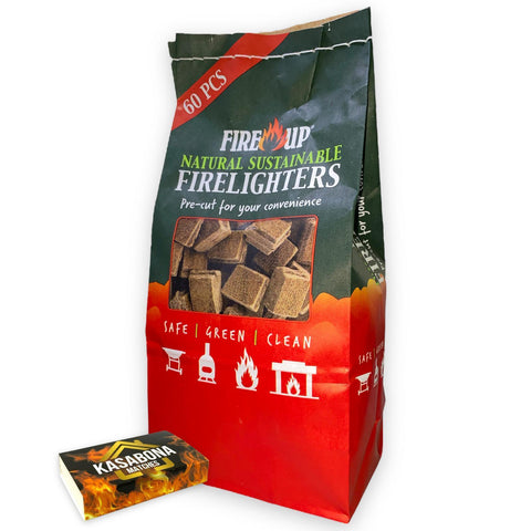 FIRE UP Natural Sustainable Firelighters for BBQs 60 pack and Kasabona Matches