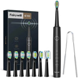 Fairywill Sonic Electric Toothbrush USB Rechargeable Timer With 8 Heads Black