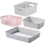 Curver Nestable Rattan Plastic Storage Basket Dot Boxes Tray Kitchen Home Office