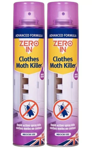 2x Zero In Clothes Moth Killer Aerosol Transparent Surface Treatment Spray 300ml