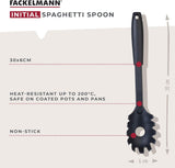 Fackelmann INITIAL Spaghetti Spoon, Non-Stick Anti-Scratch Plastic Server, Pronged Pasta Fork with Portion Measure, Serving Spoon, Scoop & Drain Heat-Resistant Utensil to 200 Degree Celsius, 30cm