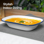 Falcon Enamel Oblong Pie Dish Bakepan - Traditional White Baking Tray with Blue Rim  28cm - 34cm Perfect for Pies, Puddings & Roasting