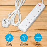 Extension lead 4 Gang Way 2M,Power Adapter, Multi Socket Mains Strip White Extension Lead UK Pin Plug and Cable, (4 GANG 2 M, WHITE)