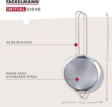Fackelmann Initial Sieve Stainless Steel, Fine Metal Mesh with Rim, Long Handle, for Sifting Straining & Draining, Food Kitchen Strainer, Tea Strainer, Small 10cm Diameter Colander