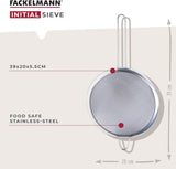 Fackelmann Initial Sieve Stainless Steel, Fine Metal Mesh with Rim, Long Handle, for Sifting Straining & Draining, Food Kitchen Drainer, Pasta & Rice Strainer, Large 20cm Diameter Colander