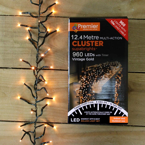 Premier 960 LED Multi Action Supabrights Cluster Lights With Timer - Vintage Gold/Green Cable