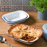 Falcon Enamel Oblong Pie Dish Bakepan - Traditional White Baking Tray with Blue Rim  28cm - 34cm Perfect for Pies, Puddings & Roasting