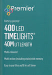 Premier 400 LED Multi-Action Battery-Operated Timelights | Indoor & Outdoor LED String Lights – Vintage Gold / Blue / Rainbow / Warm White on Green Cable
