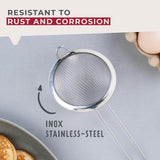 Fackelmann Initial Sieve Stainless Steel, Fine Metal Mesh with Rim, Long Handle, for Sifting Straining & Draining, Food Kitchen Strainer, Tea Strainer, Small 10cm Diameter Colander