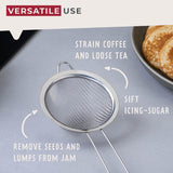 Fackelmann Initial Sieve Stainless Steel, Fine Metal Mesh with Rim, Long Handle, for Sifting Straining & Draining, Food Kitchen Strainer, Tea Strainer, Small 10cm Diameter Colander
