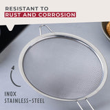 Fackelmann Initial Sieve Stainless Steel, Fine Metal Mesh with Rim, Long Handle, for Sifting Straining & Draining, Food Kitchen Drainer, Pasta & Rice Strainer, Large 20cm Diameter Colander