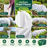 Ambassador Frost Fleece 20m x 1m Garden Plant Protection Cover, White Frost Protection Fabric for Plants, Flowers, Vegetables, Shrubs and Outdoor Gardens