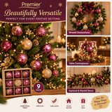 Premier Plum Christmas Tree Baubles 9 Pack 60mm, Decorative Plum and Gold Christmas Balls,Matte & Shiny Glitter Set Pattern Hanging Tree Ornaments for Festive Home Decorations, Christmas Tree Accessories