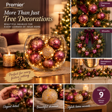 Premier Plum Christmas Tree Baubles 9 Pack 60mm, Decorative Plum and Gold Christmas Balls,Matte & Shiny Glitter Set Pattern Hanging Tree Ornaments for Festive Home Decorations, Christmas Tree Accessories