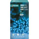 Premier Decorations 1000 Battery Operated LED Treebrights Timelights, 100m Multi-Action String Christmas Lights – Indoor/Outdoor, Timer Function – Available in White, Blue, Multi, Rainbow, Vintage Gold & Warm White (Green Cable)