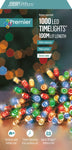 Premier Decorations 1000 Battery Operated LED Treebrights Timelights, 100m Multi-Action String Christmas Lights – Indoor/Outdoor, Timer Function – Available in White, Blue, Multi, Rainbow, Vintage Gold & Warm White (Green Cable)