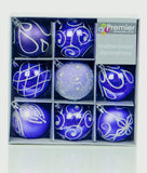 Premier Set of 9 Christmas Decorated Tree Baubles Balls 6cm – Available in 10 Colours (Midnight Blue, Champagne Gold, Green, Ice Blue, Pink, Purple, Red, Rose Gold, Silver, White)