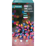Premier Decorations 1000 Battery Operated LED Treebrights Timelights, 100m Multi-Action String Christmas Lights – Indoor/Outdoor, Timer Function – Available in White, Blue, Multi, Rainbow, Vintage Gold & Warm White (Green Cable)
