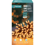 Premier Decorations 1000 Battery Operated LED Treebrights Timelights, 100m Multi-Action String Christmas Lights – Indoor/Outdoor, Timer Function – Available in White, Blue, Multi, Rainbow, Vintage Gold & Warm White (Green Cable)
