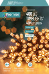 Premier 400 LED Multi-Action Battery-Operated Timelights | Indoor & Outdoor LED String Lights – Vintage Gold / Blue / Rainbow / Warm White on Green Cable