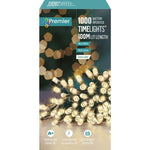 Premier Decorations 1000 Battery Operated LED Treebrights Timelights, 100m Multi-Action String Christmas Lights – Indoor/Outdoor, Timer Function – Available in White, Blue, Multi, Rainbow, Vintage Gold & Warm White (Green Cable)