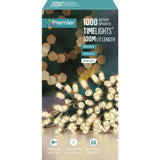 Premier Decorations 1000 Battery Operated LED Treebrights Timelights, 100m Multi-Action String Christmas Lights – Indoor/Outdoor, Timer Function – Available in White, Blue, Multi, Rainbow, Vintage Gold & Warm White (Green Cable)