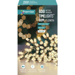 Premier 600 LED Multi-Action Battery Operated Christmas TIMELIGHTS™ – Indoor/Outdoor String Lights with Timer – Vintage Gold, White/Warm White, Blue, Rainbow (Green Cable)