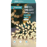 Premier 600 LED Multi-Action Battery Operated Christmas TIMELIGHTS™ – Indoor/Outdoor String Lights with Timer – Vintage Gold, White/Warm White, Blue, Rainbow (Green Cable)