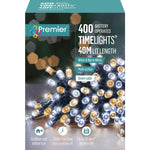 Premier 400 LED Multi-Action Battery-Operated Timelights | Indoor & Outdoor LED String Lights – Vintage Gold / Blue / Rainbow / Warm White on Green Cable