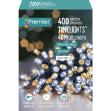 Premier 400 LED Multi-Action Battery-Operated Timelights | Indoor & Outdoor LED String Lights – Vintage Gold / Blue / Rainbow / Warm White on Green Cable
