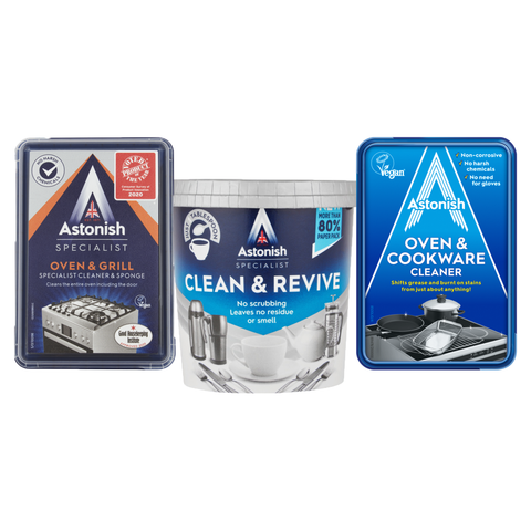 Astonish Kitchenware Cleaners Including:Oven & Grill Cleaner 250g,Original Oven & Cookware Cleaner 150g And Clean & Revive 350g