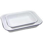 Falcon Enamel Oblong Pie Dish Bakepan - Traditional White Baking Tray with Blue Rim  28cm - 34cm Perfect for Pies, Puddings & Roasting