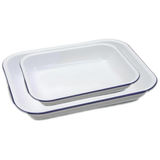 Falcon Enamel Oblong Pie Dish Bakepan - Traditional White Baking Tray with Blue Rim  28cm - 34cm Perfect for Pies, Puddings & Roasting