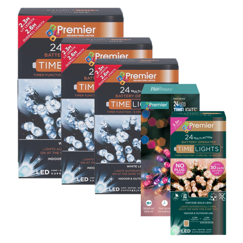 Premier 24 LED Multi Action Battery Operated TIMELIGHTS™ – Warm White, White, Vintage Gold, Rainbow & Multi