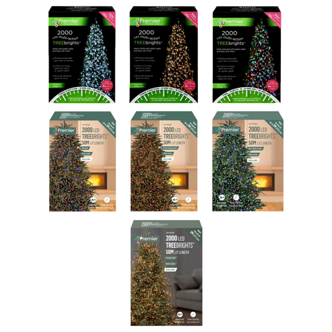 Premier 2000 LED Multi Action Christmas Treebrights with Timer – Indoor & Outdoor String Lights – Available in White, Multi, Red, Vintage Gold, Red/White/Blue & Warm White on Green Cable