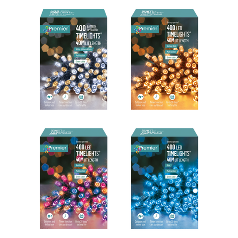 Premier 400 LED Multi-Action Battery-Operated Timelights | Indoor & Outdoor LED String Lights – Vintage Gold / Blue / Rainbow / Warm White on Green Cable