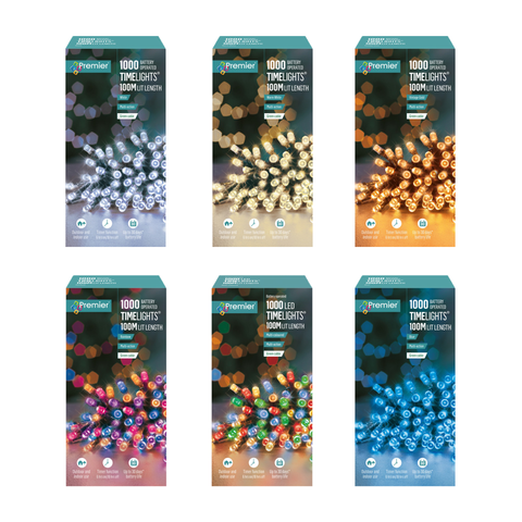 Premier Decorations 1000 Battery Operated LED Treebrights Timelights, 100m Multi-Action String Christmas Lights – Indoor/Outdoor, Timer Function – Available in White, Blue, Multi, Rainbow, Vintage Gold & Warm White (Green Cable)