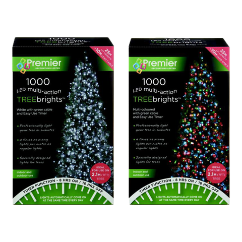 Premier 1000 LED Multi Action Treebrights 25m with Timer – Multi/Green Cable or White/Green Cable