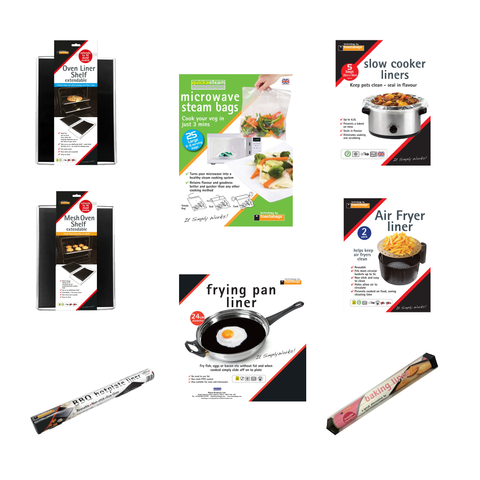 Planit Baking And Cooking Accessories Liners Various Types Includes: Baking Liner, Slow Cooker Liner Pack 5, Oven Shelf/Mesh Liner,  Air Fry Liner Natural Pack 2, Barbecue Hotplate Liner, Frying Pan Liner 26cm- 24cm For Cooking Easy Clean
