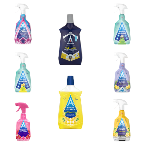 Astonish All Types Cleaning Spray Sets Including:Vac Maxx, Kitchen, White Vinegar,Stain Remover, Floor & Window, Surface, And Glass Cleaners For Removing All Purpose Stains, Grease & Grime