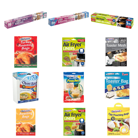 Sealapack Baking And Cooking Rolls, Sheets, Disposable Liners & Roasting Toaster Baggs Various Types Includes: Paper Rolls, Paper Sheets, Cookafish Bags, Air Fryer Liner Roll Round/Square, Egg Poaching Bags, Resealable Pouches, Roasting/Toaster/Mesh Bags