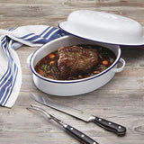 Enamel Oval Roaster Dish Roasting Oven Tray Casserole Pan White With Lid - 26cm