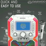 Daewoo Bluetooth Portable Karaoke Machine with 2 Wired Microphones and CD Disks, 5 inch Digital LCD Display Screen, 3.5mm AUX Input, CD, MP3, USB Connection, LED Lights & 2 Mic In Jacks
