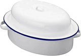 Enamel Oval Roaster Dish Roasting Oven Tray Casserole Pan White With Lid - 26cm