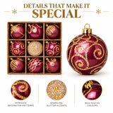 9 x 60mm Luxury Premium Glitter Christmas Baubles, Christmas Tree Decorations, Decorative Bauble Balls, 8 Colour Options: Midnight Blue, Silver, Champagne Gold, White, Caramel, Black, Green & Plum & 150pc Metal Hooks