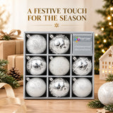 9 x 60mm Luxury Premium Glitter Christmas Baubles, Christmas Tree Decorations, Decorative Bauble Balls, 8 Colour Options: Midnight Blue, Silver, Champagne Gold, White, Caramel, Black, Green & Plum & 150pc Metal Hooks